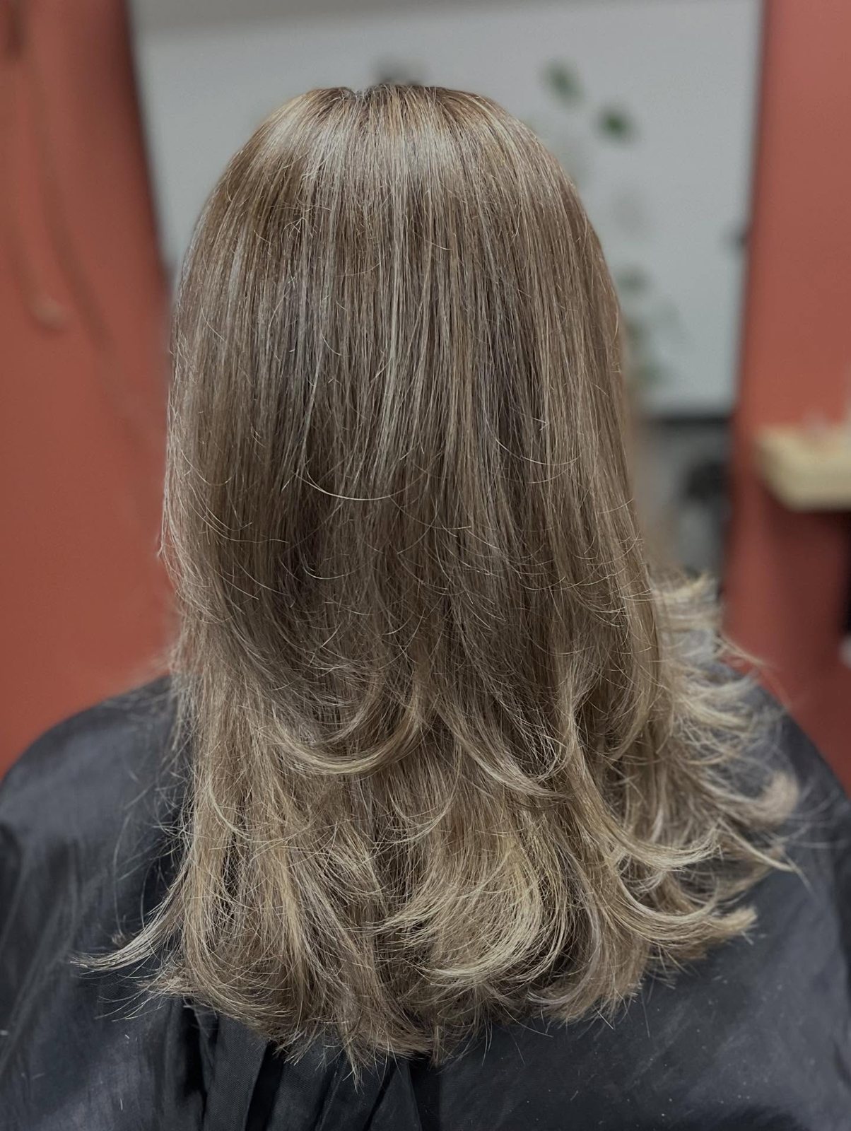 Schouderlang haar met highlights en laagjes, van achteren